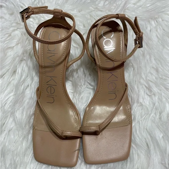 Calvin Klein Tan Heeled Sandals with Ankle Straps - Picture 2 of 5